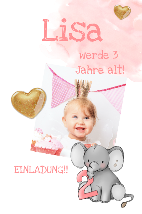 Süße Einladung mit Aquarell, Foto und Elefant