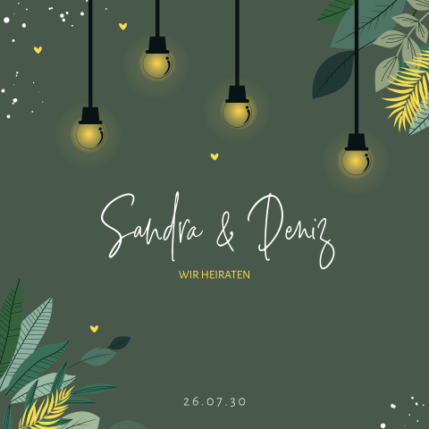 Sommerliche Einladung zur Hochzeit mit Lichterketten und Zweigen