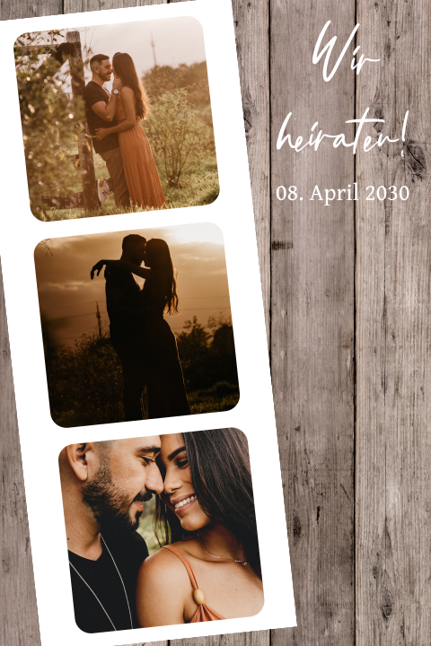 Einladung Hochzeit mit Holzlook und Fotostreifen