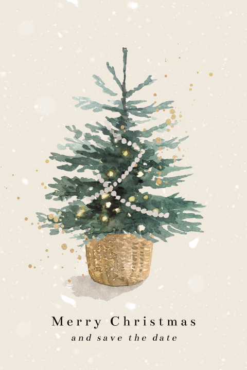 Weihnachtliche Save the Date Karte mit Tannenbaum und Lichterkette