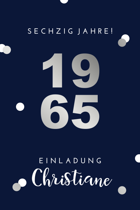 Einladungskarte zum 60. Geburtstag mit silbernem Konfetti und Datum
