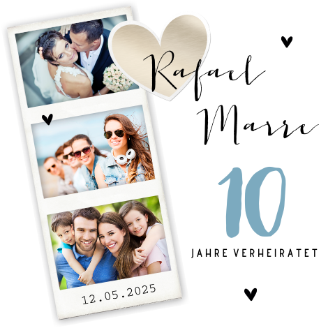 10. Jahrestag Einladung mit Fotostreifen und Herzen