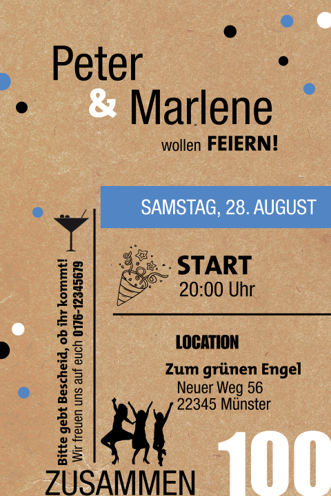 Einladung im Kraft-Look zum Doppelgeburtstag mit Illustrationen