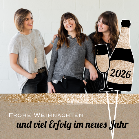 Geschäftliche Neujahrskarte mit Sektflasche, Foto und Logo