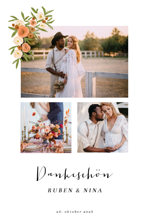 Dankeskarte mit Blumen und Fotos