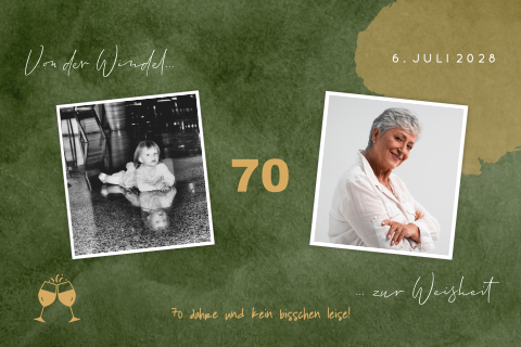 Einladung zum 70. Geburtstag mit Fotos und Weingläsern