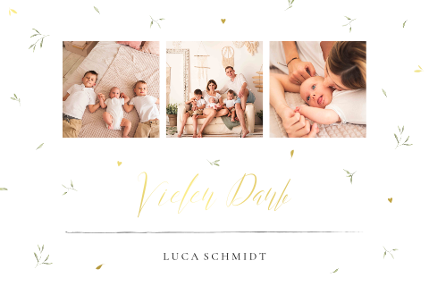 Dankeskarte zur Geburt mit drei Fotos, Zweigen und Goldfolie