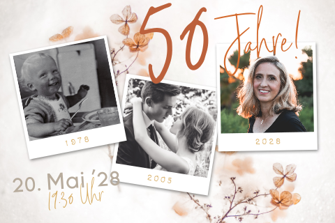 Romantische Einladung zum 50. mit Blumen und Fotos