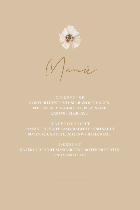 Beige Menükarte mit runden Ecken und Veilchen