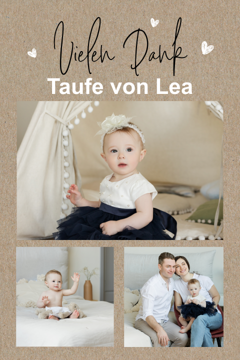Kraftlook-Dankeskarte Taufe mit Fotos und Herzen