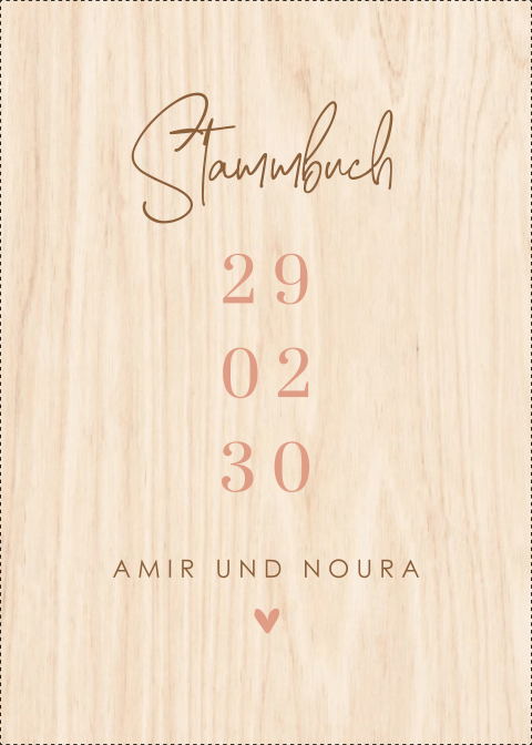 Stammbuch Holz mit Herz in zarten Farben und Hochzeitsdatum