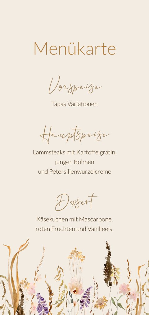 Menükarte mit beigem Hintergrund und Wildblumen-Motiv