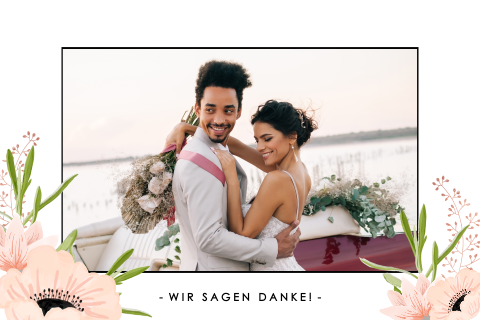 Doppelseitige Danksagungskarte mit Foto und rosa Blumen
