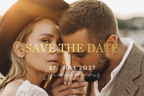 Save the Date Karte in Brauntönen mit Datum auf Foto und Ringen