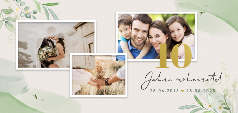 Einladung zum 10-jährigen Jubiläum mit Fotos und Aquarellzweigen