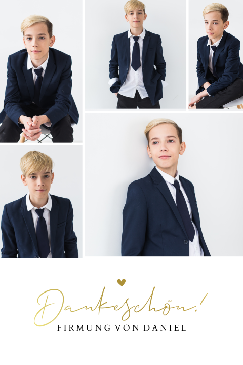 Dankeskarte zur Firmung im Hochformat mit 5 Fotos und Goldfolie
