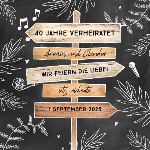 Einladung zum 40. Jahrestag mit hölzernem Wegweiser und weißen Zweigen