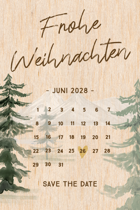 Echtholz Save the Date Karte in weihnachtlicher Atmosphäre