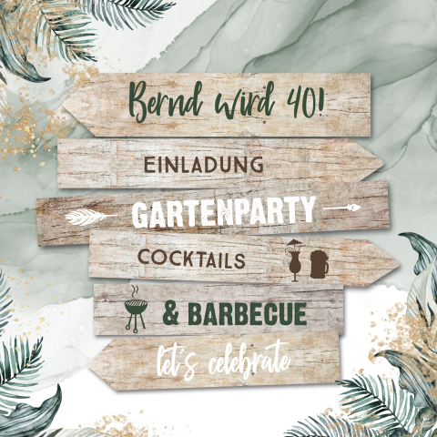 Geburtstagseinladung zur Gartenparty mit Wegweiser und Zweigen