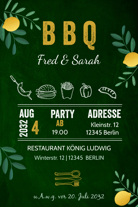 Stilvolle Grillparty-Einladung in Dunkelgrün mit Zitronen