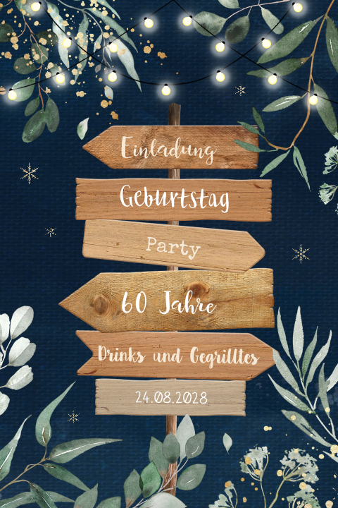 Einladung zum 60. Geburtstag mit Wegweiser, Zweigen und Lichterkette