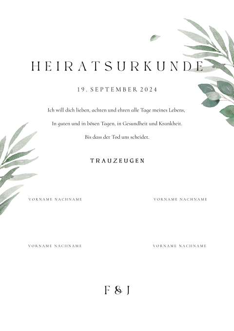 Heiratsurkunde im botanischen Stil mit Eukalyptuszweigen