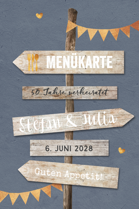 Festliche Menükarte zur Goldenen Hochzeit mit Wegweiser und Girlande