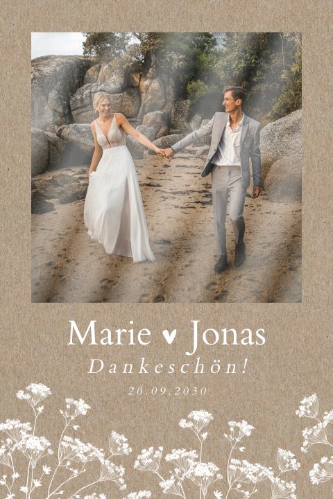 Dankeskarte zur Hochzeit im Kraftlook mit Schleierkraut und Foto