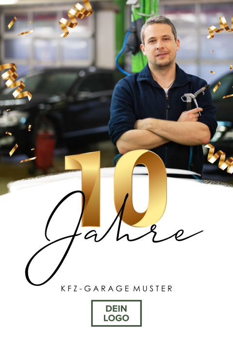 Einladung zum Zehnjährigen Firmenjubiläum KFZ Garage mit Logo