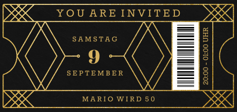 Festliche Geburtstagseinladung mit goldenen geometrischen Mustern im 20er Jahre Look