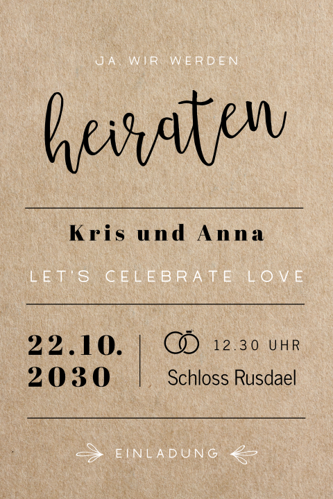 Hochzeitseinladung im Kraftlook und schwarz-weißer Text