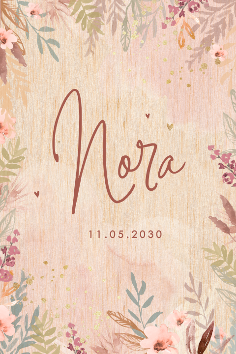 Fröhliche Geburtskarte aus Holz mit Blumenrand