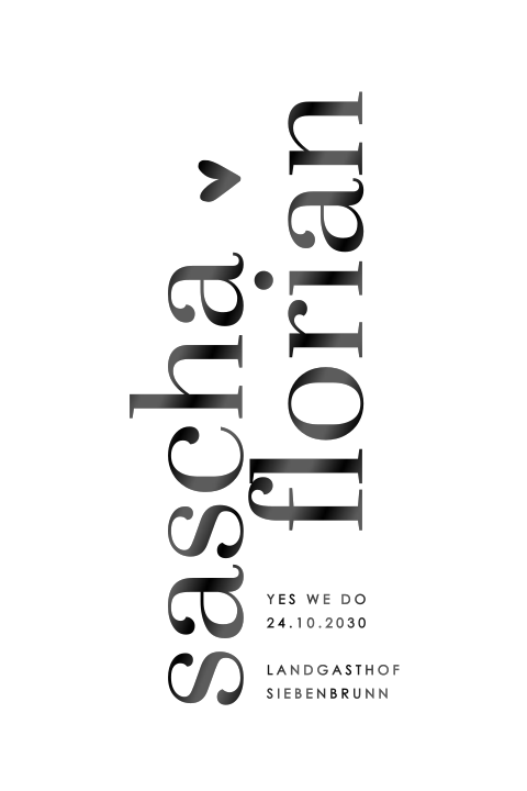 Moderne Hochzeitskarte mit schwarzer Typografie im Hochglanz und Herz