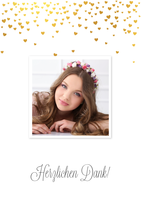 Dankeskarte Firmung mit Foto und goldenem Konfetti mit Herzen