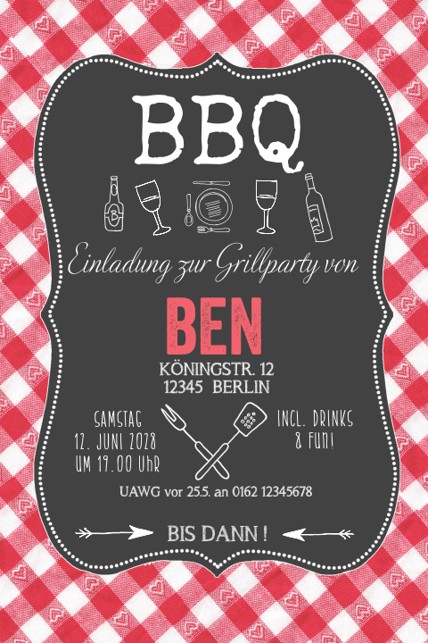 Grillparty-Einladung mit Rot/Weiß kariertem Muster