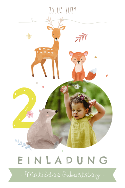 Einladung Kindergeburtstag mit Waldtieren und Foto
