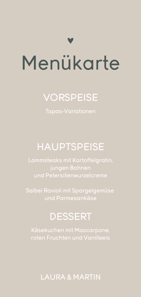 Moderne Menükarte mit beigem Hintergrund und dunkelgrüner Schrift