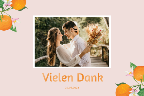 Dankeskarte mit Fotos und Orangen Motiv auf rosa Hintergrund