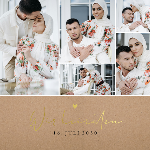 Hochzeitskarte im Kraft-Look mit 5 Fotos und Goldfolie