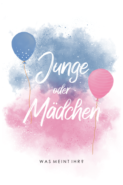 Fröhliche Gender Reveal Einladungskarte mit rosa und blauem Aquarel