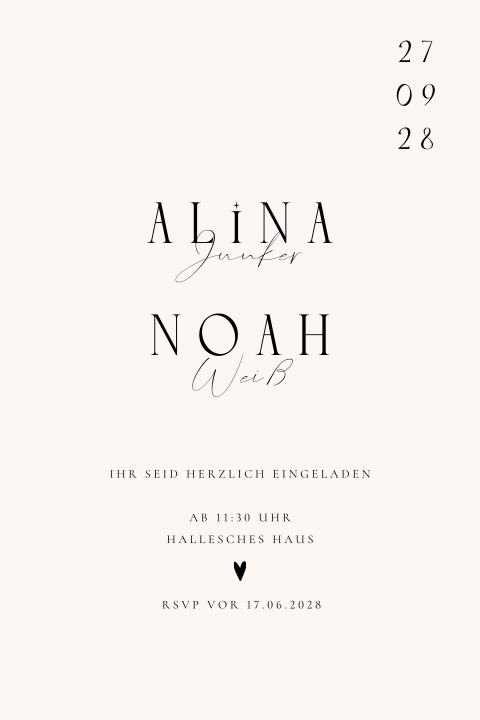Klassische Hochzeitseinladung mit Herz und kunstvoller Schrift