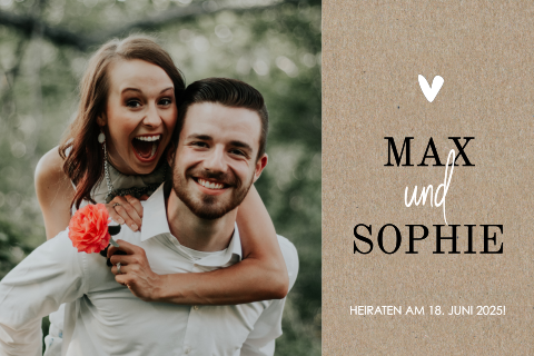 Schöne Hochzeitskarte aus echtem Kraftpapier mit großem Bild und Herz
