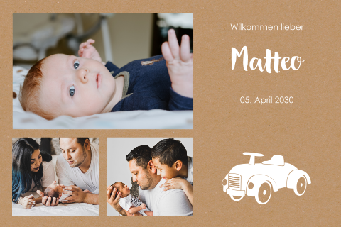 Nette Geburtskarte mit Fotos und Auto