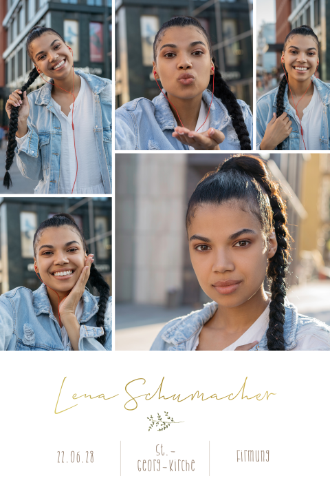 Einladung zur Firmung mit Fotokollage, Goldfolie und Zweigen
