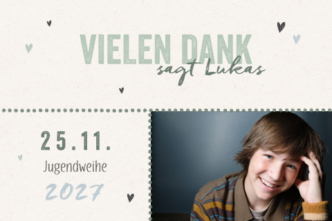 Dankeskarte zur Jugendweihe mit salbeigrüner Schrift und Foto