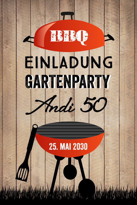 Einladung zum 50. Geburtstag für BBQ mit Holz-Motiv und Grill