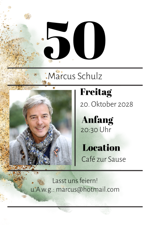 Geburtstagseinladung zum 50. mit grünem Aquarell und Gold