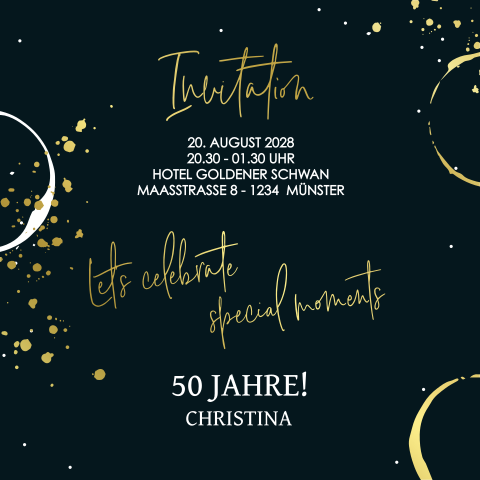 Glamouröse Einladung zum 50 Geburtstag mit goldenen Farbklecksen