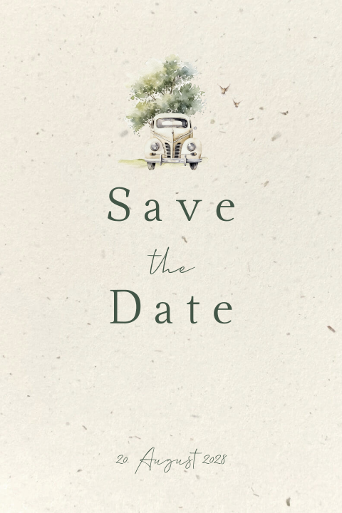 Romantische Save the Date Karte mit klassischem Auto, Baum und Tauben