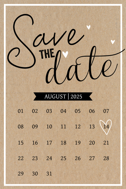 Ausgefallene Save the Date Karte im Kraftpapier-Stil mit Kalender